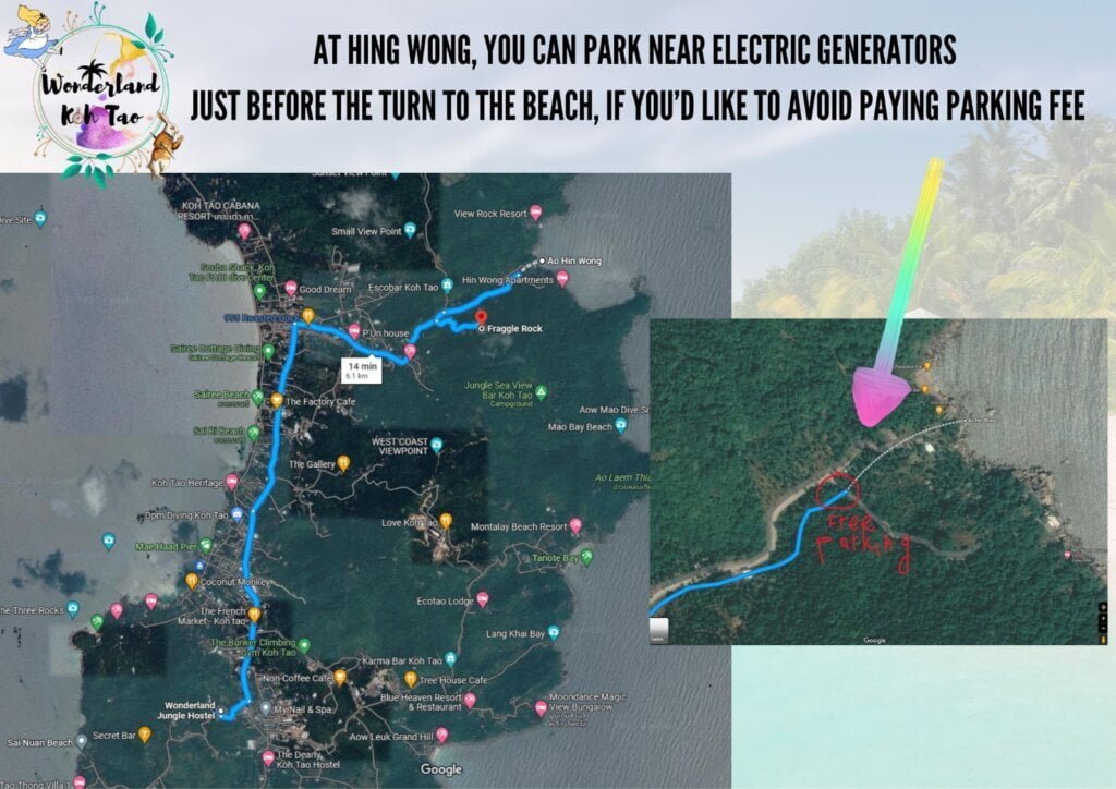 Google Maps route to Hin Wong Bay with free parking tip Koh Tao | Wonderland Jungle Hostel