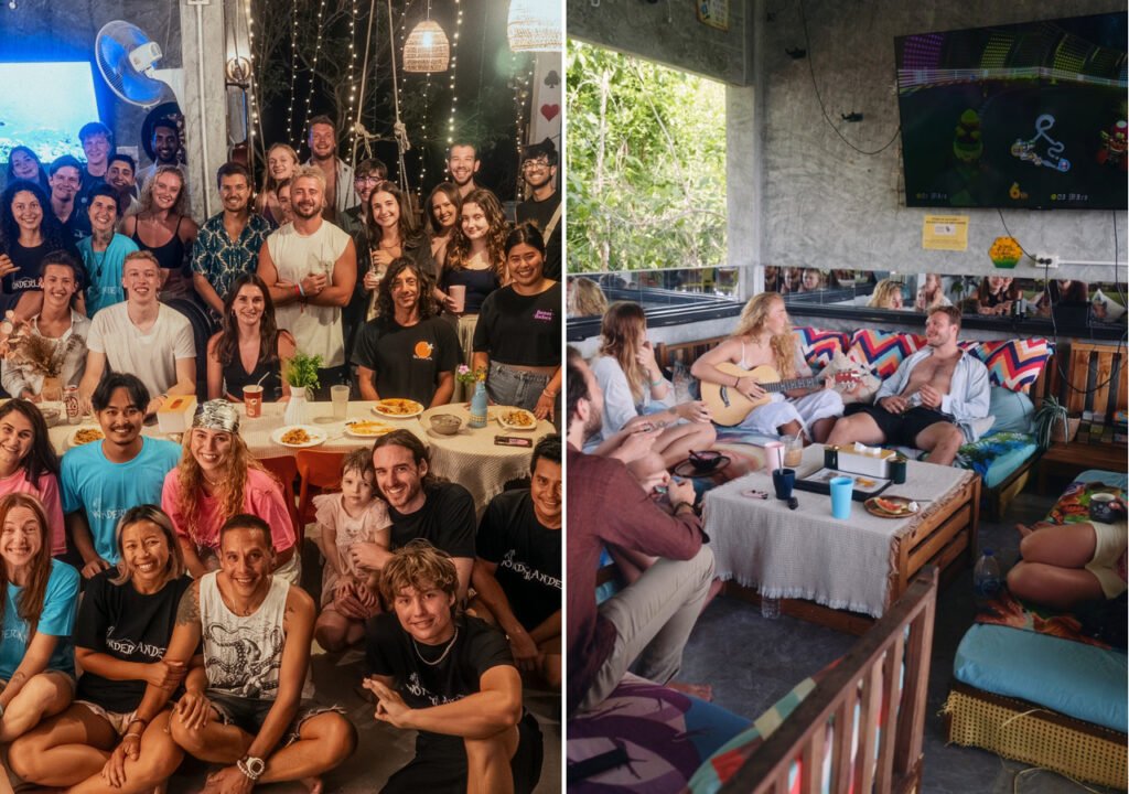 Wonderland Jungle Hostel Common Area, social vibes, activites during the day and big group photo of guests and staff