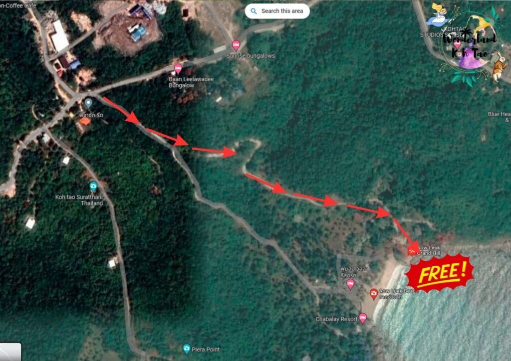 Route map showing free entry to Ao Leuk Beach Koh Tao | Wonderland Jungle Hostel