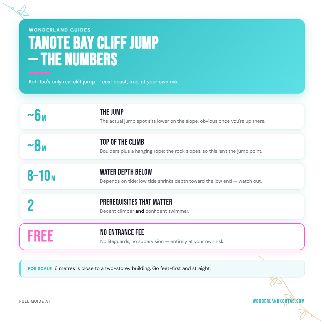 Tanote Bay cliff jump in numbers — jump height, top of the climb, water depth, prerequisites and no entrance fee